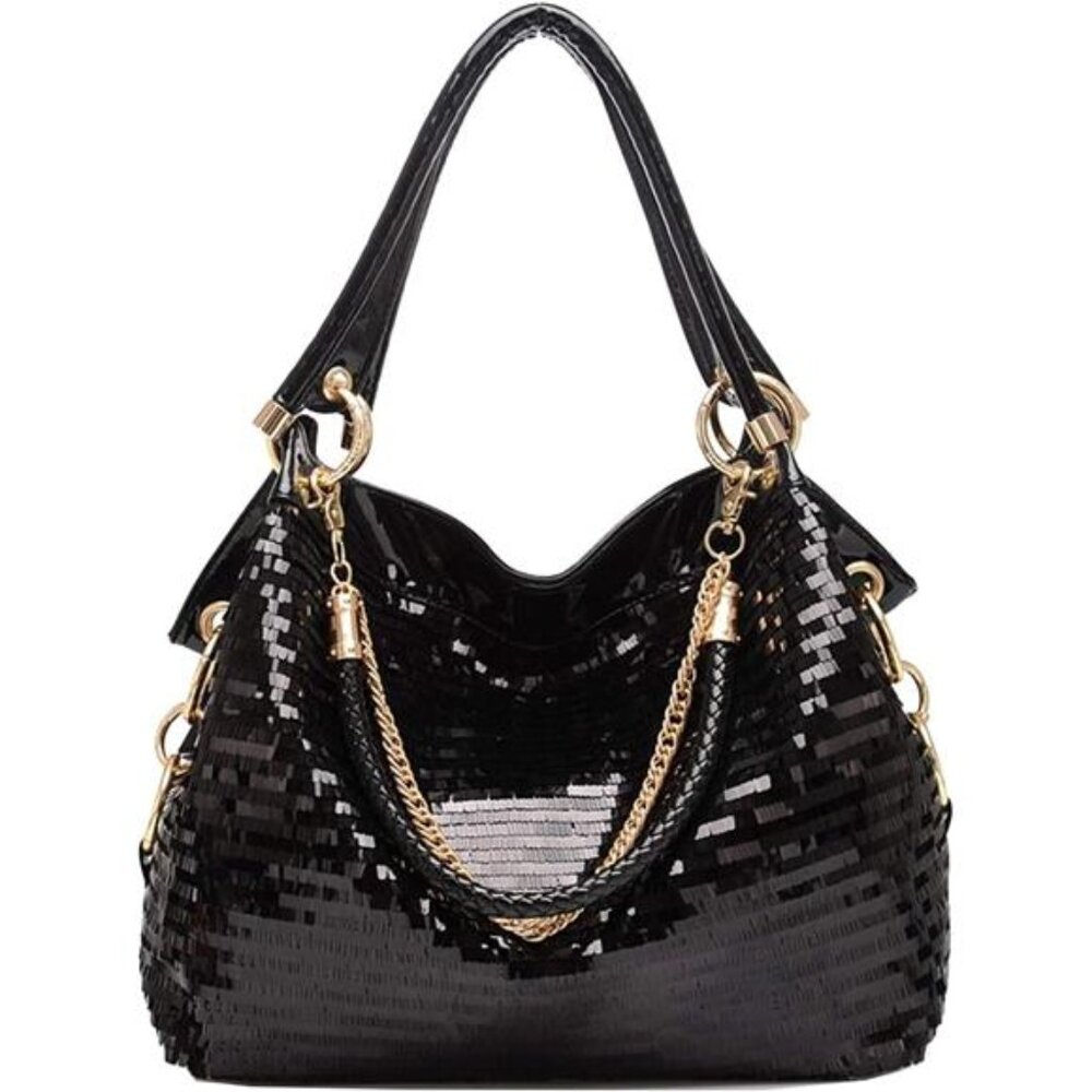 Women Patent Leather Chain Handbags Large Shoulder Bags for Ladies Sequin Purse